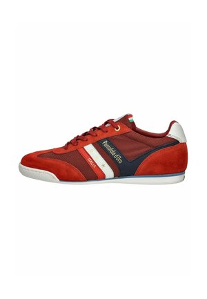 Red athletic shoes featuring a mix of suede and mesh materials, with white and navy accents, gold detailing, and a contrasting white sole.