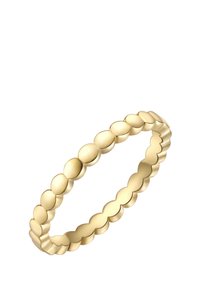 Arany gyűrű, folyamatos, fodros formával és ovális elemekkel, sima textúrával és fényes felülettel.