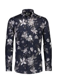 Camicia navy floreale con maniche lunghe, caratterizzata da motivi floreali grigi e bianchi, colletto con bottoni e bottoni blu. Materiale in cotone.