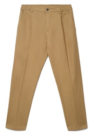 Pantaloni marrone chiaro a gamba stretta con vita elasticizzata, passanti per cintura, bottone frontale, cerniera e tasche laterali.