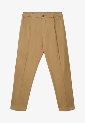 Hellbraune, schmal zulaufende Hose mit elastischem Bund, Gürtelschlaufen, vorderem Knopf, Reißverschluss und seitlichen Taschen.