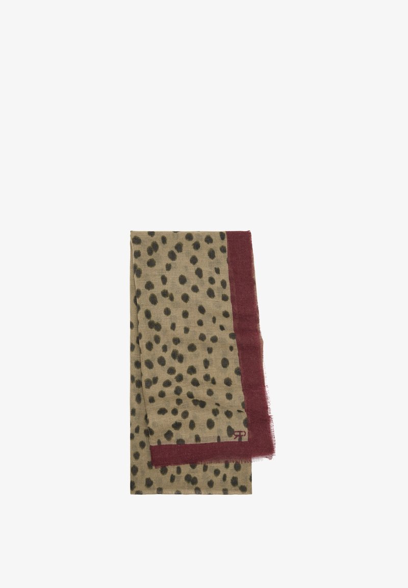 Beżowy szalik w czarne kropki z bordową frędzelkową bordiurą; wykonany z lekkiego materiału, w kształcie prostokąta.