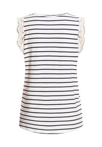 Chemise à manches courtes rayée en blanc et marine, avec des accents en dentelle sur l'épaule. Tissu doux avec un ourlet arrondi, coupe décontractée.
