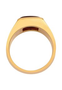 Guld-färgad ring med en platt, fyrkantig topp och slät, polerad yta. Rundad band utan synliga mönster eller detaljer.