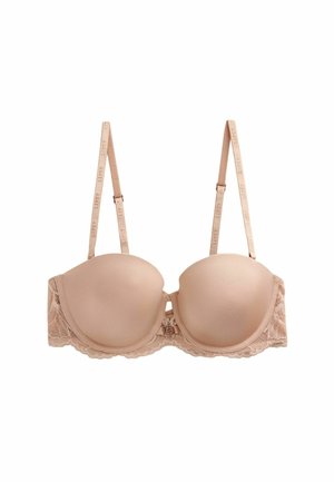 Beige padded strapless bra with adjustable branded straps and lace detailing along the band.