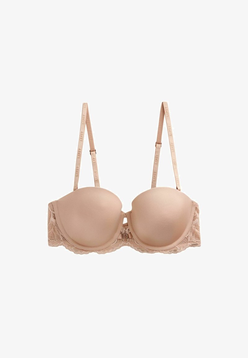 Beige pehmustettu olkaimeton rintaliivit, joissa säädettävät merkillä varustetut olkaimet ja pitsikoristelu nauhan varrella.