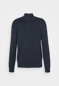 Pull-over bleu marine foncé avec col montant et zip quart, fabriqué en tissu tricoté doux, avec poignets et ourlet côtelés.