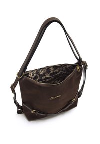 Borsa in suede marrone con tracolla in pelle texturizzata, hardware dorato e fodera interna decorata con un motivo di pizzo scuro.