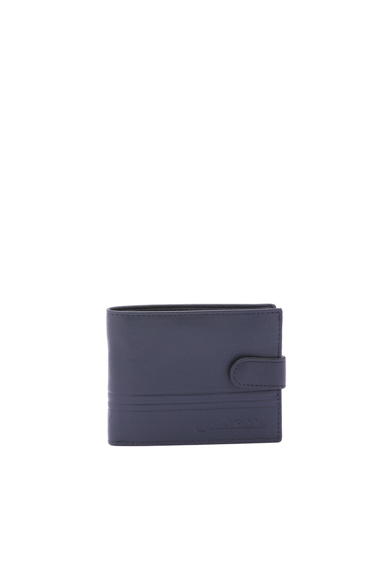 Donkerblauwe leren portemonnee met een gestructureerde afwerking, voorzien van een veilige sluiting, horizontale strepen en een kaarthouder aan de voorkant.