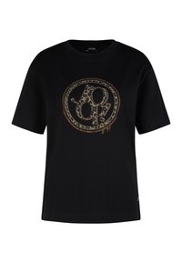 Zwarte katoenen t-shirt met een ronde halslijn. Beschikt over een logo ontwerp in luipaardprint in goud en bruin, korte mouwen en een ontspannen pasvorm.