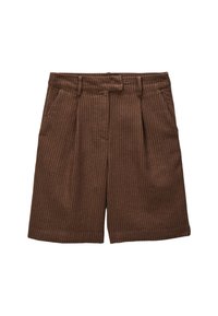 Shorts rayés marron en tissu texturé, avec une taille haute, des plis et des poches latérales. Conçus avec une coupe droite.