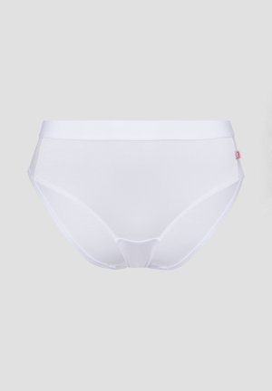 Weiße Hochbundslänge mit breitem elastischem Bund und einem kleinen rosa Logoetikett auf der rechten Seite vor einem schlichten Hintergrund.