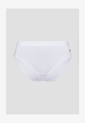 Weiße Hochbundslänge mit breitem elastischem Bund und einem kleinen rosa Logoetikett auf der rechten Seite vor einem schlichten Hintergrund.