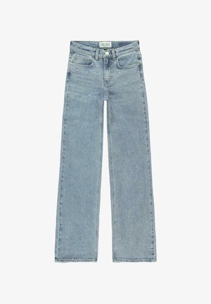 Lichtblauwe wijd uitlopende jeans van denim, met subtiele glinsteraccenten, een vijf-pocket ontwerp en een normale tailleband met een knoopsluiting aan de voorkant.