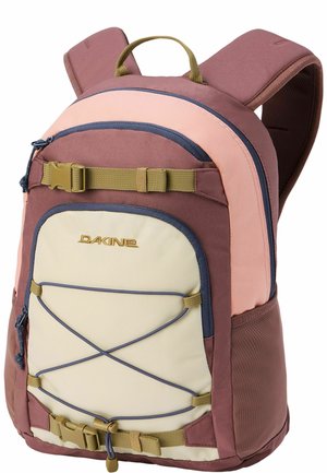 Rucksack mit gepolsterten Trägern, vordere Reißverschlusstasche, verstellbare Schnallen und elastische Kordel in rosa, beige und braunen Farben, Marke Dakine.