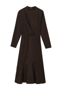 Schwarzes Midi-Kleid mit langen Ärmeln, hohem Ausschnitt, gerafftem Taillenbereich, asymmetrischer Naht und ausgestelltem Saum.