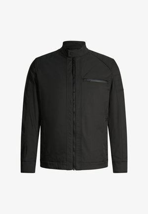 Schwarze Jacke mit langen Ärmeln und Stehkragen, vorn mit Reißverschluss und Druckknopf, mit Reißverschlusstasche an der Brust und gepolsterten Schulterdetails.