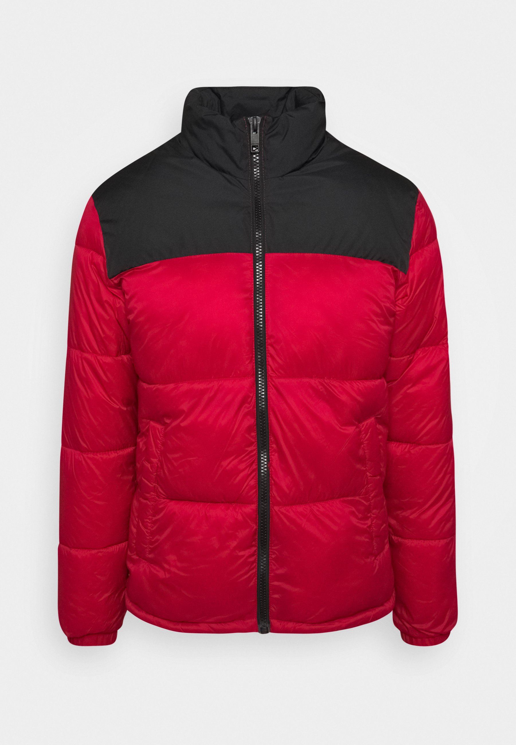 black and red puffer coat