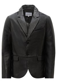 Schwarzer Lederblazer mit Kerbkragen, zwei Knöpfen, Pattentaschen, Brustleistentasche und einem mittelgroßen Label innen am Kragen.