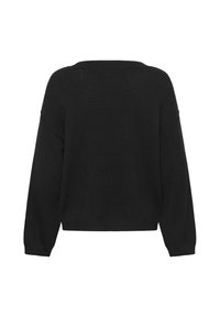 Crni pleteni pulover, opuštenog kroja, dugih rukava, s okruglim izrezom, meke teksture, bez ikakvih detalja na leđima, bez vidljivih kopči ili uzoraka.