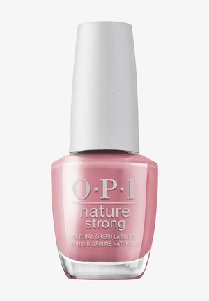 OPI Nature Strong Fläschchen mit pinkem Nagellack, weißem Deckel und Etikett, das auf einen Lack natürlicher Herkunft hinweist.