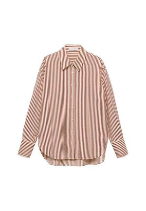 Long-sleeve button-up shirt in cream with red vertical stripes. Features a classic collar and curved hem. Cotton fabric with smooth texture.