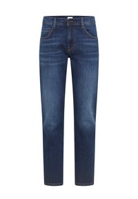Jeans in denim blu scuro con tasche anteriori e posteriori, chiusura a bottone e dettagli sbiaditi su cosce e ginocchia.