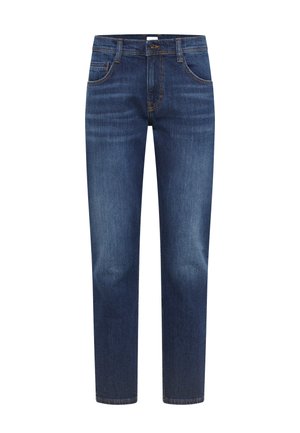 Tamsiai mėlyni džinsai su priekinėmis ir užpakalinėmis kišenėmis, mygtuko užsegimu ir išblukusiais akcentais ant šlaunų ir kelių.