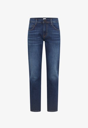 Mörkblå denimjeans med fram- och bakfickor, knappstängning och urtvättad detaljering vid lår och knän.