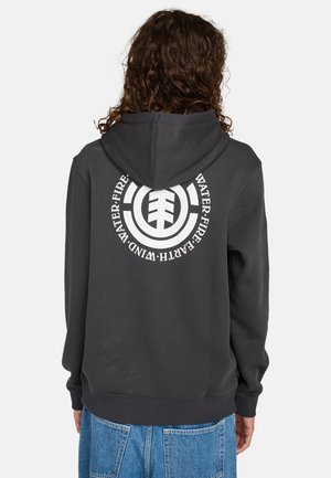 Dark gray hoodie with a large circular white graphic on the back. Features a drawstring hood and ribbed cuffs and hem. Made of soft fabric.