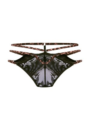 Zwart kanten damesondergoed met bloemmotieven en drievoudige elastische taillebanden met luipaardprint.