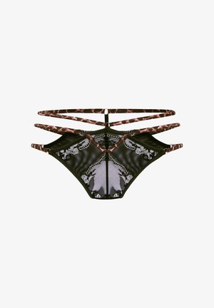 Sous-vêtements féminins en dentelle noire avec motifs floraux et triples bandes élastiques imprimé léopard à la taille.
