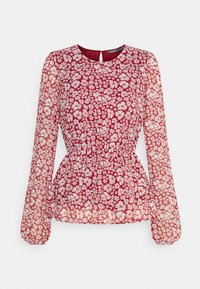 Rote Bluse mit floralen Mustern, langen, transparenten Ärmeln, geraffter Taille, rundem Halsausschnitt und kleinem Schlitz am Rücken. Mit weißen und orangen Blumen.