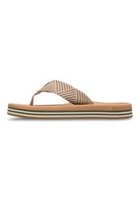 Beige flip-flop sandaalid, millel on kootud rihm, tasane tall ja mitmevärviline triibuline detail ääres. Omab pehmet talda mugavuse tagamiseks.