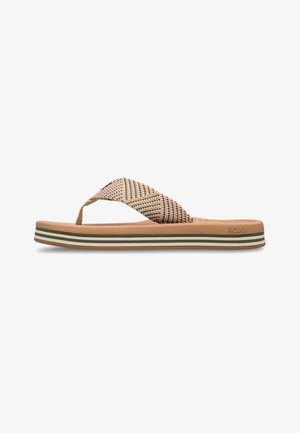 Beige flip-flop sandaalid, millel on kootud rihm, tasane tall ja mitmevärviline triibuline detail ääres. Omab pehmet talda mugavuse tagamiseks.