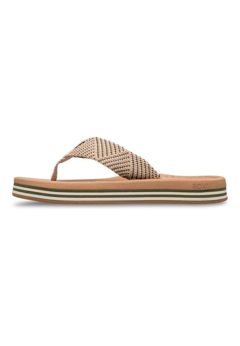 Beige flip-flop sandaalid, millel on kootud rihm, tasane tall ja mitmevärviline triibuline detail ääres. Omab pehmet talda mugavuse tagamiseks.