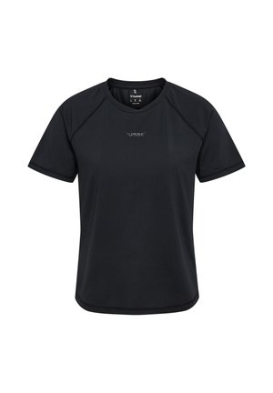 Schwarzes Sport-T-Shirt mit kurzen Ärmeln, Rundhalsausschnitt und kleinem "hummel"-Logo in der Mitte der Brust.