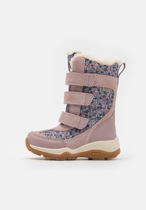 Rosa Wildleder- und Textilstiefel mit floralem Muster, drei Klettverschlüssen, Kragen aus Kunstfell und Gummisohle für besseren Halt.