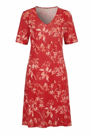 Rode jurk met korte mouwen, V-hals en lichtroze bloemenpatroon, knielengte, lichtgewicht stof.