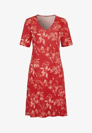 Rode jurk met korte mouwen, V-hals en lichtroze bloemenpatroon, knielengte, lichtgewicht stof.