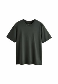 Mørkegrøn bomulds T-shirt med korte ærmer, rund halsudskæring og en glat tekstur. Ingen synlige mønstre eller logoer.