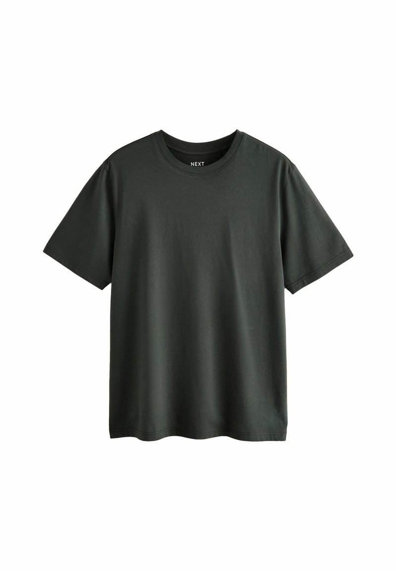 Mørkegrøn bomulds T-shirt med korte ærmer, rund halsudskæring og en glat tekstur. Ingen synlige mønstre eller logoer.