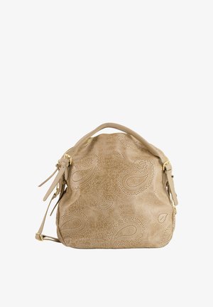 Beige Lederhandtasche mit Paisley-Prägung, weicher Textur, goldenen Beschlägen und verstellbaren Riemen. Abgerundete Form mit Obergriff.