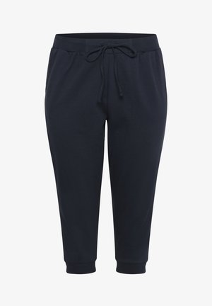 Temno plave dukserice od mekog materijala s elastičnim pojasom, podesivom vezicom i rebrastim manžetama. Ima bočne džepove.