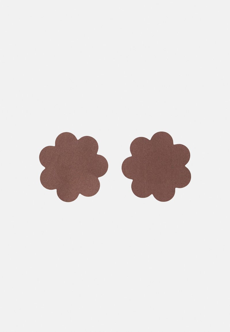 Brown fabric flower-shaped coasters with scalloped edges; textured surface; two pieces displayed side by side on a white background.