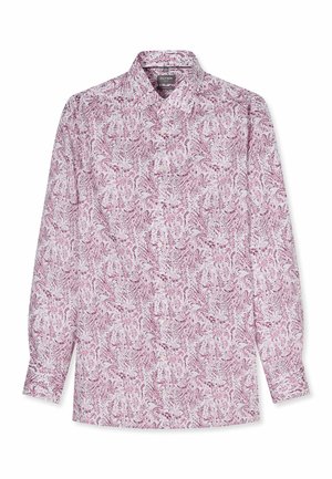 Weißes Hemd mit langen Ärmeln, verziert mit einem rosa- und violettfarbenen Blumen-Paisley-Muster, durchgehend knöpfbare Vorderseite und klassischem Kragen.