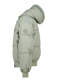 Chaqueta tipo puffer verde claro con capucha, cuenta con un logo redondo en el hombro, puños acanalados y una textura suave y lisa.