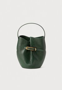 Green synthetic leather bucket bag with a textured finish, featuring a solid handle and a gold-tone metal buckle accent.