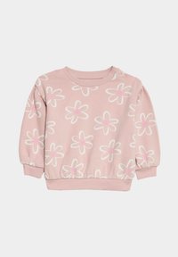 Różowy sweter z białym i różowym wzorem stokrotek, ściągacze na mankietach i u dołu, okrągły dekolt oraz zapięcie na zatrzask na jednym z ramion. Miękki bawełniany materiał.