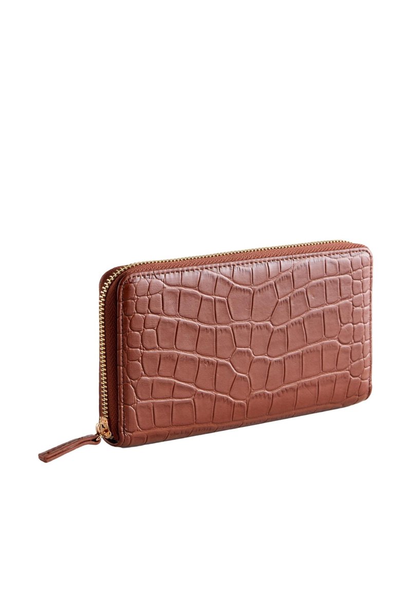 Brown faux crocodile leather wallet with a zip closure and textured surface. Slim rectangular shape with gold-tone hardware accents.